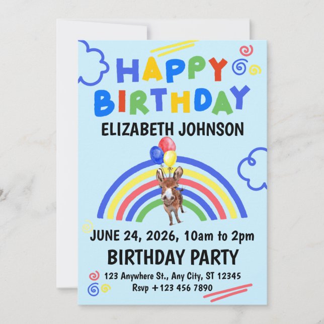 Convites Donkey Birthday Party Invitation Blue (Frente)