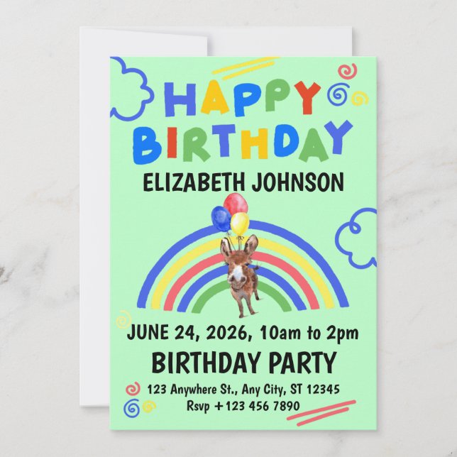 Convites Donkey Birthday Party Invitation Green (Frente)