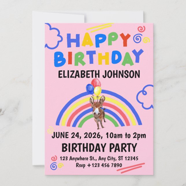 Convites Donkey Birthday Party Invitation Pink (Frente)