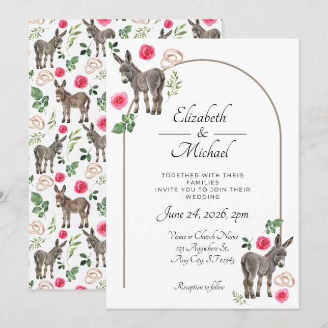 Convites Donkey Pink Floral Wedding Invitation  (Frente/Verso)