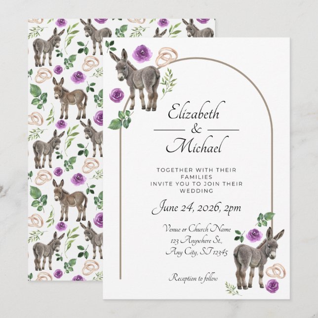 Convites Donkey Purple Floral Rustic Wedding (Frente/Verso)