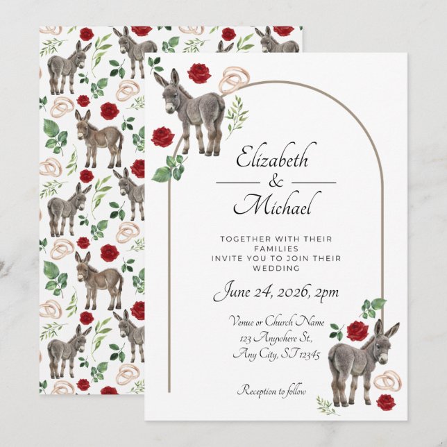 Convites Donkey Red Floral Rustic Wedding (Frente/Verso)