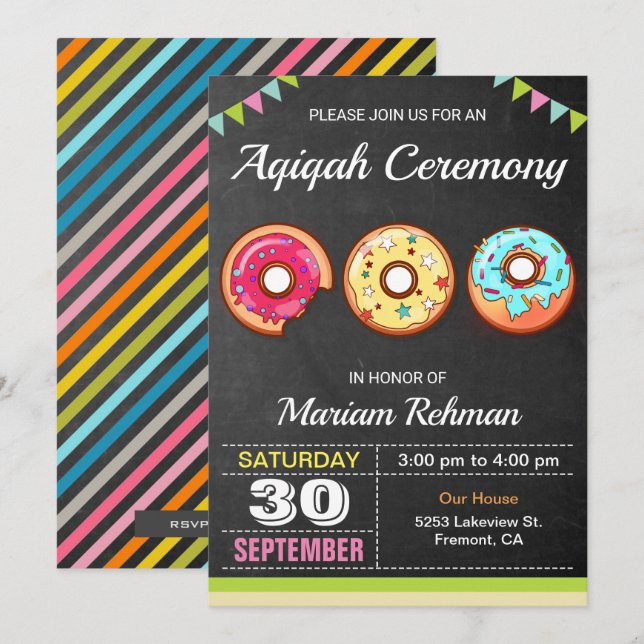 Convites Donut Doce e Fofo Aqeeqah | Cerimônia de Aqiqah (Frente/Verso)