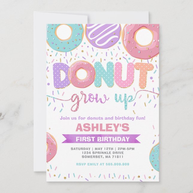 Convites Donut Grow Up First 1st Birthday Invitation (Frente)