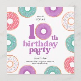 Convites Donut Party Girl 10th Birthday Invitation