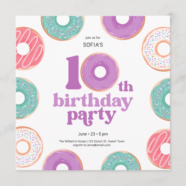 Convites Donut Party Girl 10th Birthday Invitation (Frente)