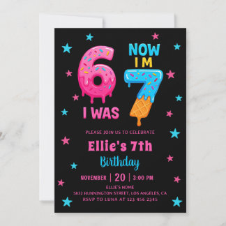 Convites Donut Six Seven Girl Birthday Invitation