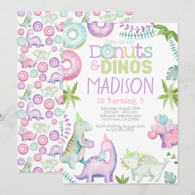 Convites Donuts and Dinos Invitation (Pink & Lavender) (Frente/Verso)