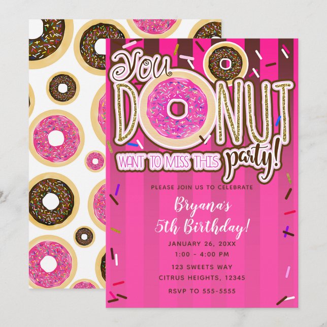 Convites Donuts com Glacê Rosa e Marrom e Confeitos Moderno (Frente/Verso)