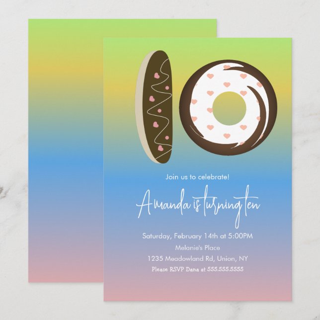 Convites Donuts de Aniversário de 10 anos com Efeito Arco-í (Frente/Verso)