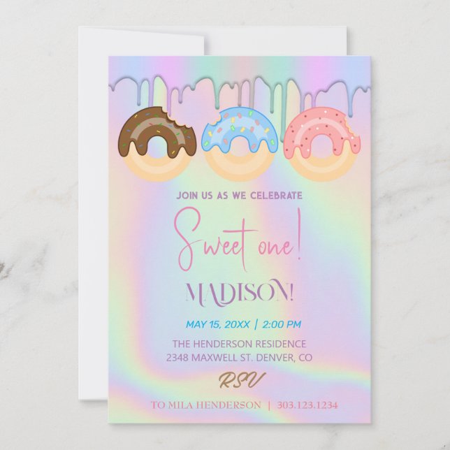 Convites Donuts doces, cores de arco-íris, primeiro anivers (Frente)