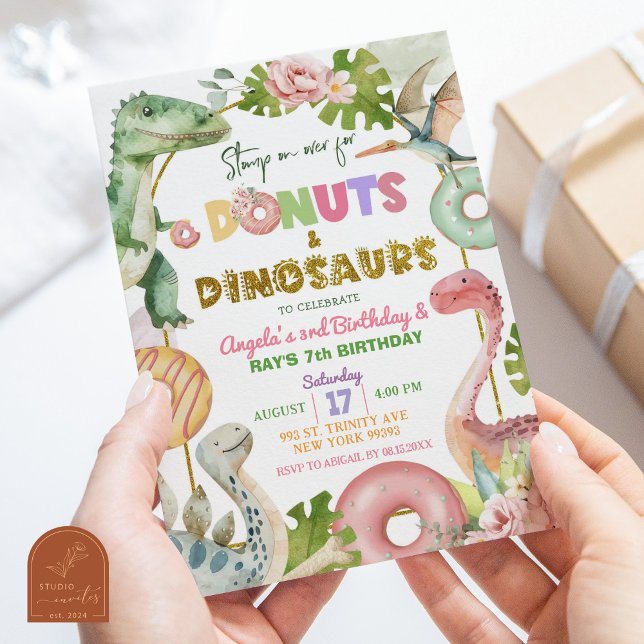 Convites Donuts e Dinossauros Aniversário Conjunto de Irmão (Criador carregado)