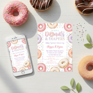 Convites Donuts e Fraldas Chuveirinho de Bebê Pastel