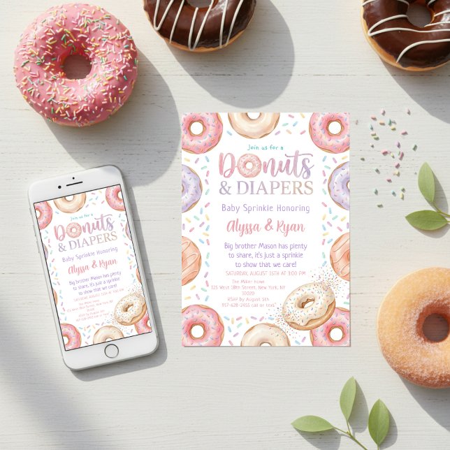 Convites Donuts e Fraldas Chuveirinho de Bebê Pastel (Criador carregado)