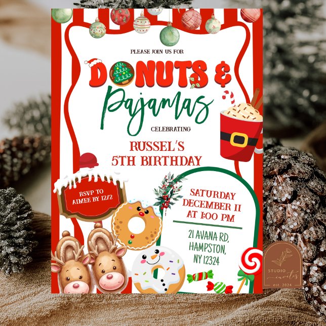 Convites Donuts e Pijamas Verdes e Vermelhos de Aniversário (Criador carregado)