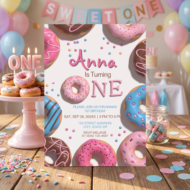 Convites donuts fofos de 1º aniversário  (Criador carregado)
