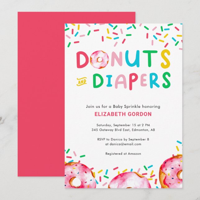 Convites Donuts & Fraldas Baby Sprinkle Fofo Colorido Diver (Frente/Verso)