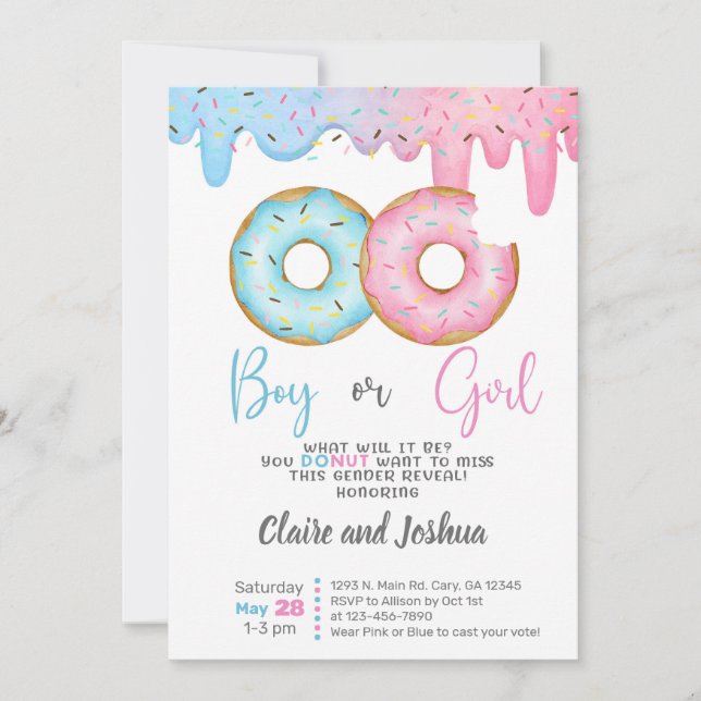 Convites Donuts Gender Reveal invitation, he or she. (Frente)