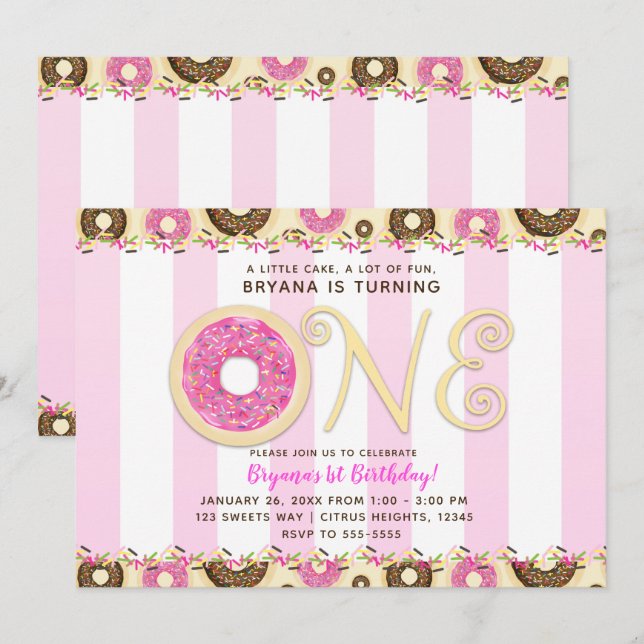 Convites Donuts Rosa Marrom com Confeitos Festa de Aniversá (Frente/Verso)