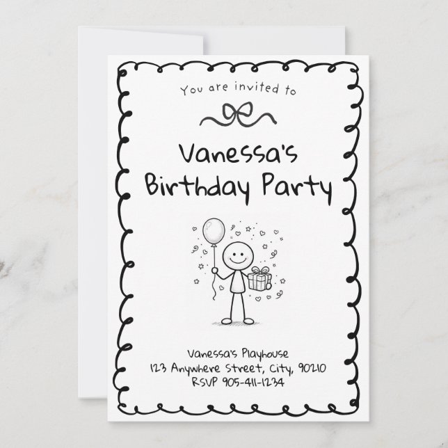 Convites Doodle Birthday Invitation- Stick Figure Invite (Frente)
