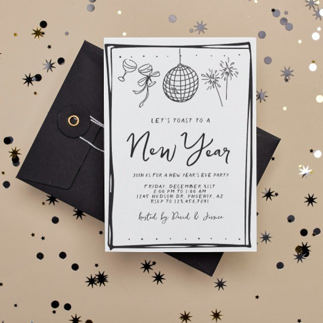 Convites Doodle Black and White New Year Eve Party (Criador carregado)