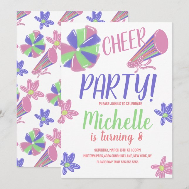 Convites Doodle Cheer Party Cheerleading Birthday (Frente/Verso)