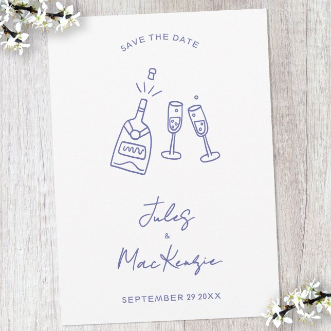 Convites Doodle de Celebração Moderna de Casamento Save the (Fun doodle line art champagne bottle and glasses wedding save the date invitation)