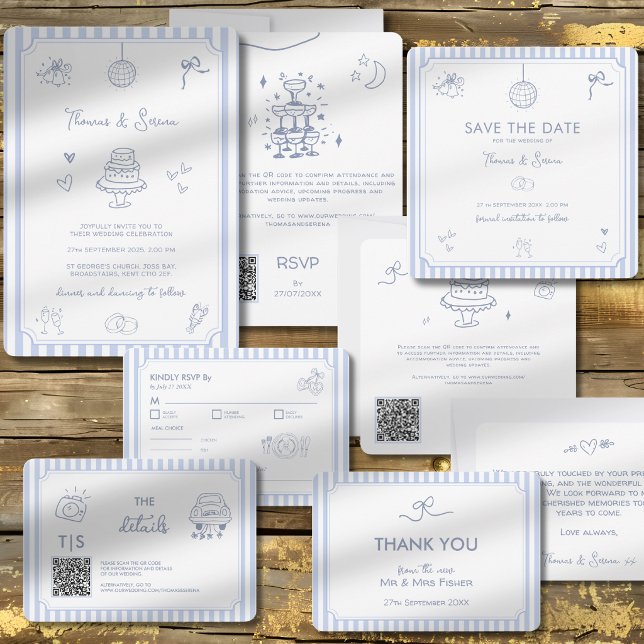 Convites Doodle de Código QR Desenhado à Mão Azul Francês C (Criador carregado)