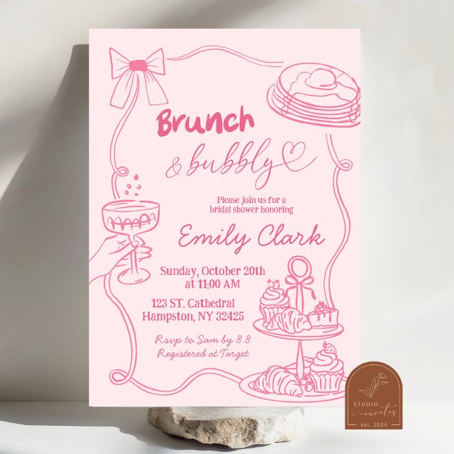 Convites Doodle Desenhado à Mão Rosa Brunch e Borbulhante (Criador carregado)