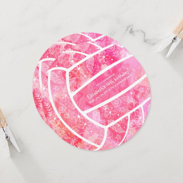 Convites Doodle Flagrada caslies rosa partido de vôlei (Frente/Verso In Situ)