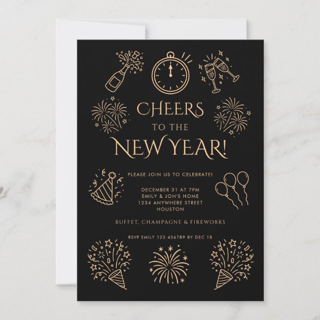 Convites Doodle Gold Black Cheers to New Year Party (Frente)