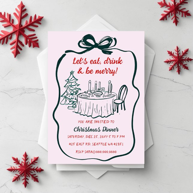Convites Doodle Hand desenhada Festa de Natal Vermelho Rosa (Doodle Hand drawn Pink Red Christmas Party Invitation)