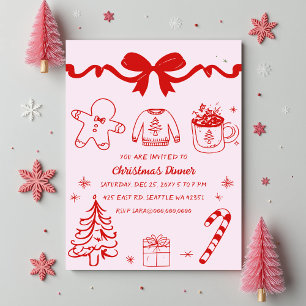 Convites Doodle Hand desenhada Festa de Natal Vermelho Rosa