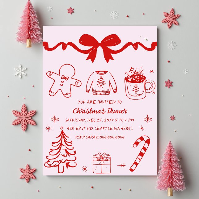 Convites Doodle Hand desenhada Festa de Natal Vermelho Rosa (Doodle Hand drawn Pink Red Christmas Party Invitation)
