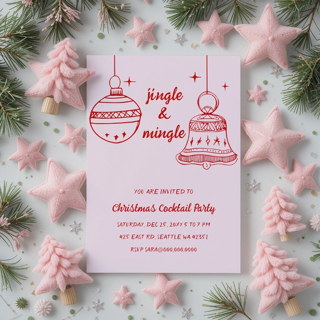 Convites Doodle Hand desenhada Festa de Natal Vermelho Rosa (Doodle Hand drawn Pink Red Christmas Party Invitation)