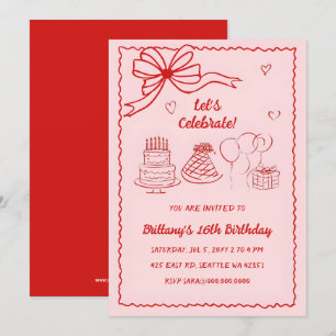 Convites Doodle Hand desenhou Arco de coquete vermelho rosa