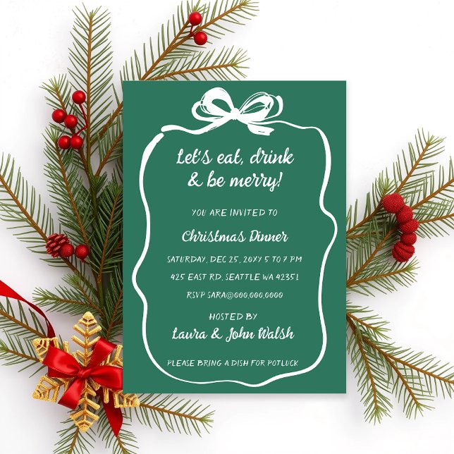 Convites Doodle Hand desenhou Festa de Natal de Arco Branco (Doodle Hand drawn Green White Bow Christmas Party Invitation)