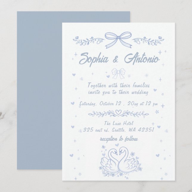 Convites Doodle Hand Drawn Dusty Blue Swans Wedding (Frente/Verso)