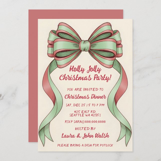 Convites Doodle Hand drawn Green Red Bow Christmas Party (Frente/Verso)