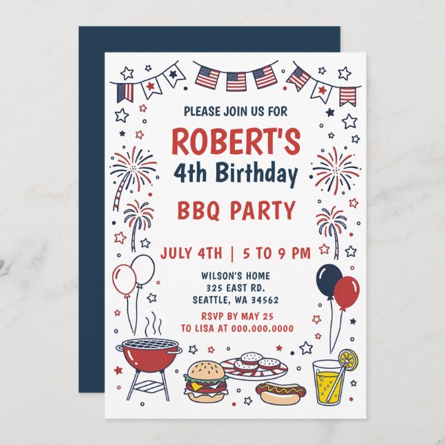 Convites Doodle Hand Drawn July 4th BBQ Birthday Party  (Frente/Verso)