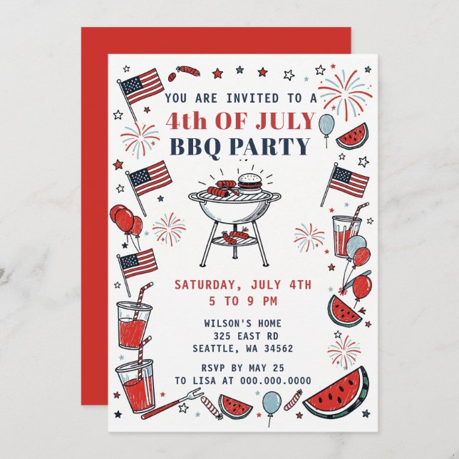 Convites Doodle Hand Drawn July 4th BBQ Holiday Party  (Frente/Verso)