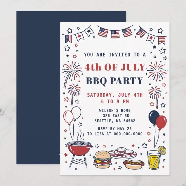 Convites Doodle Hand Drawn July 4th BBQ Holiday Party  (Frente/Verso)