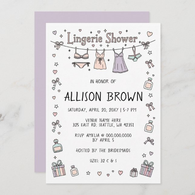 Convites Doodle Hand Drawn Lingerie Shower Bachelorette  (Frente/Verso)