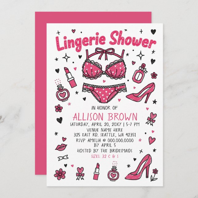Convites Doodle Hand Drawn Lingerie Shower Bachelorette  (Frente/Verso)