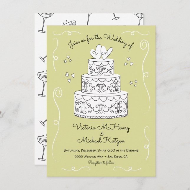 Convites Doodle Sketch Funky Wedding Cake (Frente/Verso)