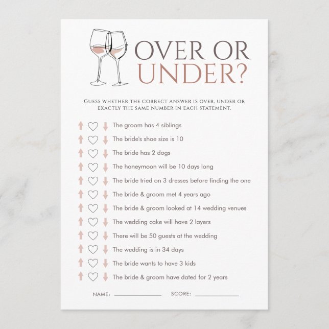 Convites Doodle Wine Over or Under Bridal Shower Game Card (Frente)