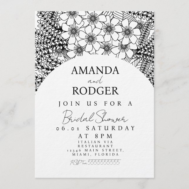 Convites Doodles Florals Black White Bridal Shower (Frente)