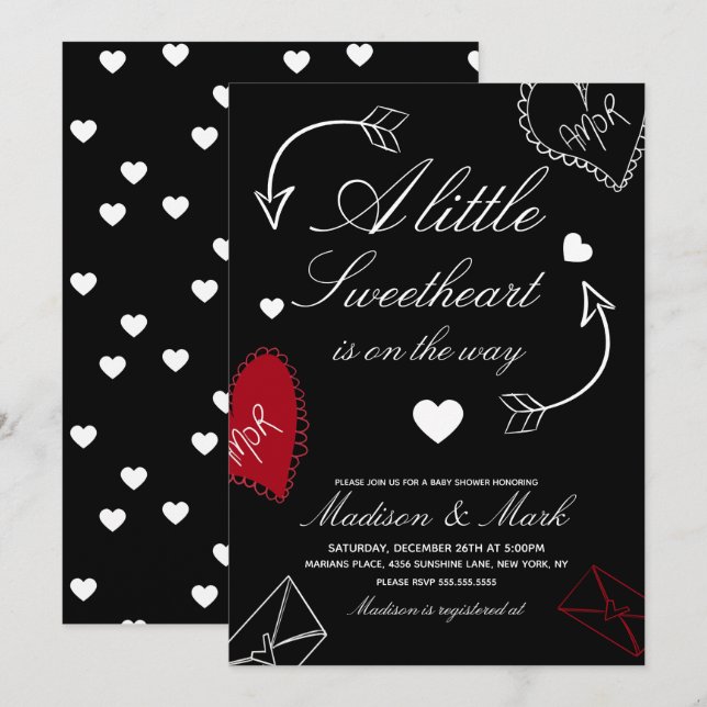 Convites Doodles Sweetheart On the way  Baby Shower  (Frente/Verso)