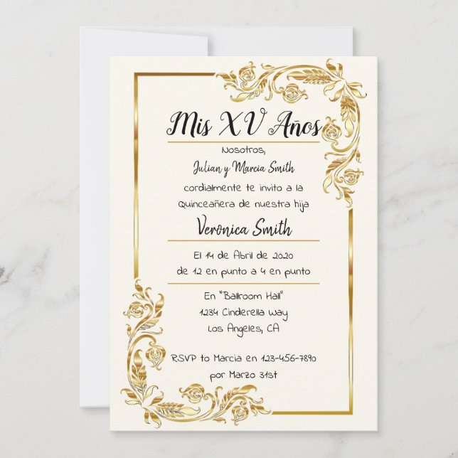 Convites Dorado Quinceañera (Frente)