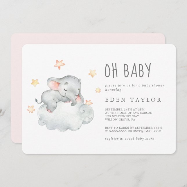 Convites Dormindo Pequena Elefante Chá de fraldas (Frente/Verso)